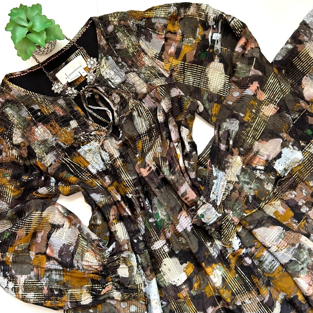 Anthropologie Blair Shimmer Maxi Dress Long Sleeve Gold Klimt Size XS